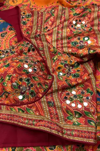 Multi Color  Digital print with Aari work & mirror work Satin Saree