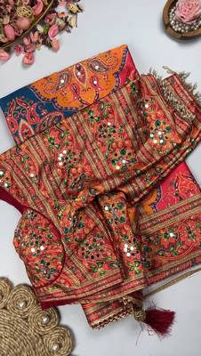 Multi Color  Digital print with Aari work & mirror work Satin Saree 4
