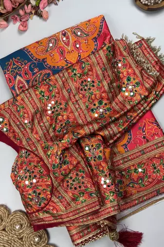 Multi Color  Digital print with Aari work & mirror work Satin Saree