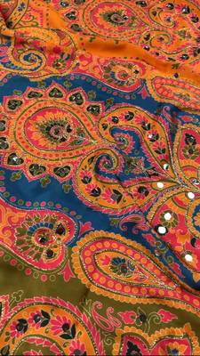 Multi Color  Digital print with Aari work & mirror work Satin Saree 5