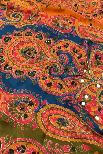 Multi Color  Digital print with Aari work & mirror work Satin Saree
