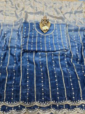 Blue Color Sequence Emrodairy Work Sattin Saree 1