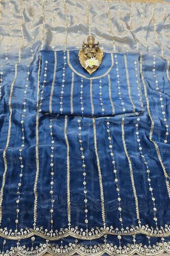 Blue Color Sequence Emrodairy Work Sattin Saree