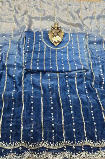 Blue Color Sequence Emrodairy Work Sattin Saree