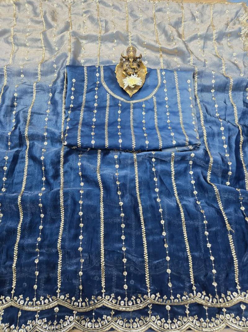 Blue Color Sequence Emrodairy Work Sattin Saree