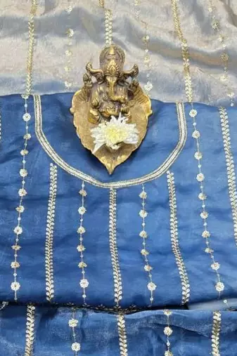 Blue Color Sequence Emrodairy Work Sattin Saree