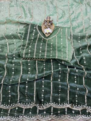 Olive Color Sequence Emrodairy Work Sattin Saree 1