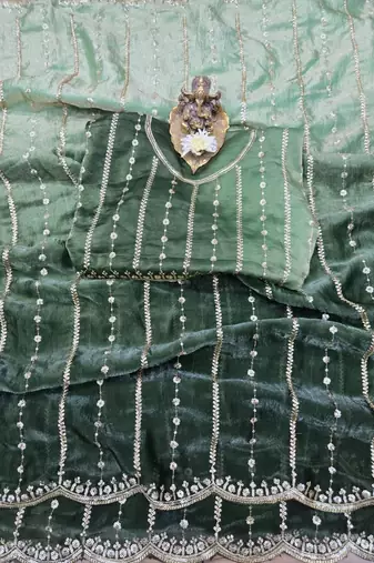 Olive Color Sequence Emrodairy Work Sattin Saree