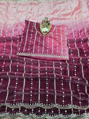 Pink  Color Sequence Emrodairy Work Sattin Saree 1