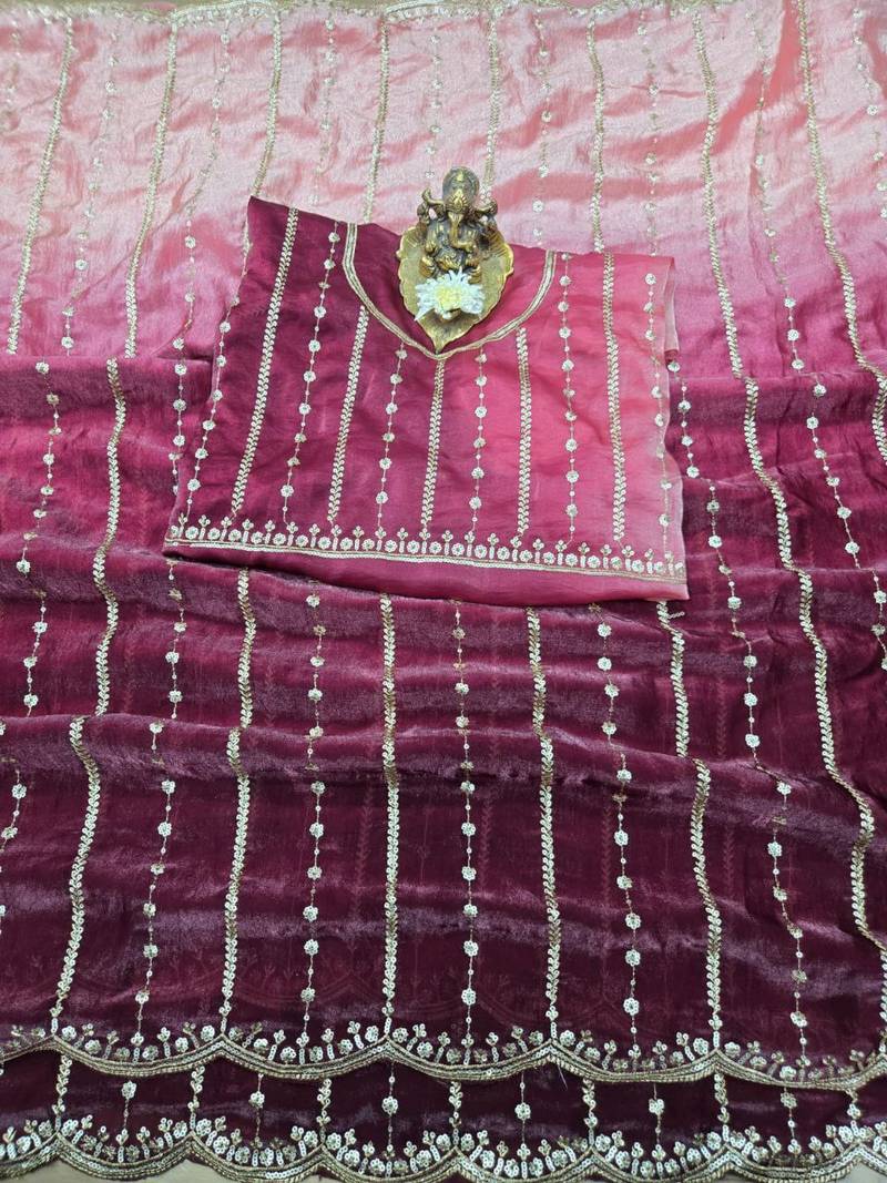 Pink  Color Sequence Emrodairy Work Sattin Saree