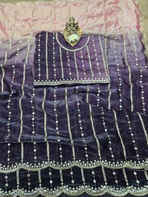 Purple Color Sequence Emrodairy Work Sattin Saree 1