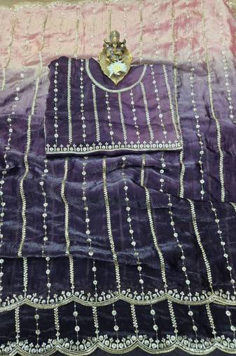 Purple Color Sequence Emrodairy Work Sattin Saree