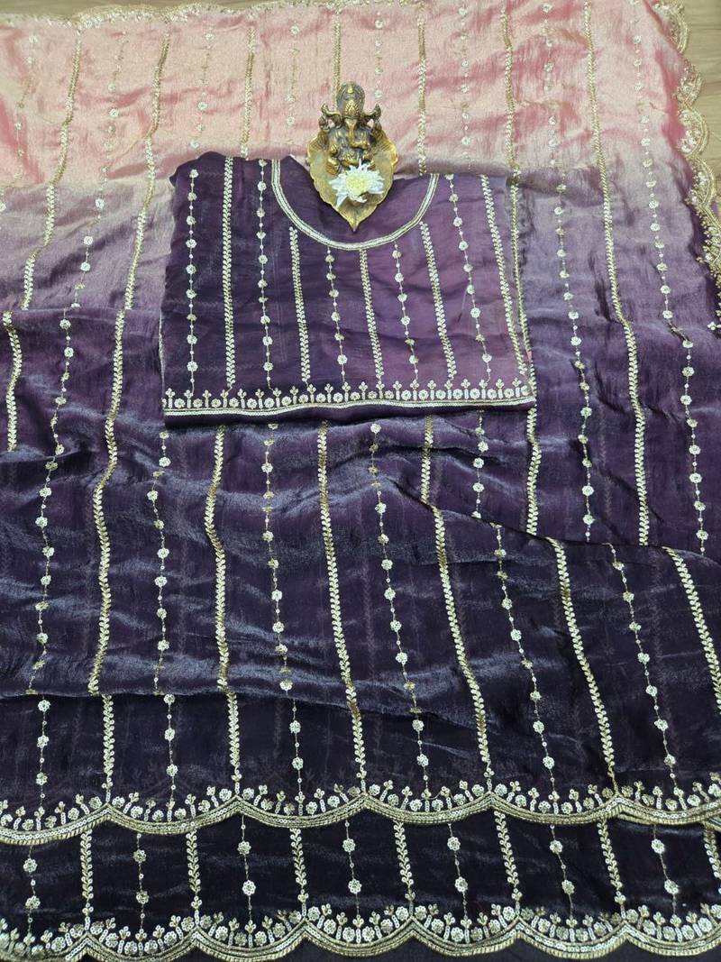 Purple Color Sequence Emrodairy Work Sattin Saree
