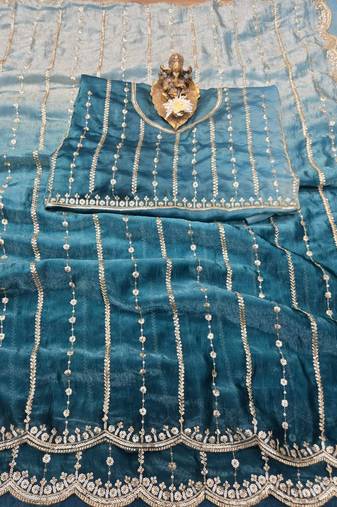 Teal Color Sequence Emrodairy Work Sattin Saree