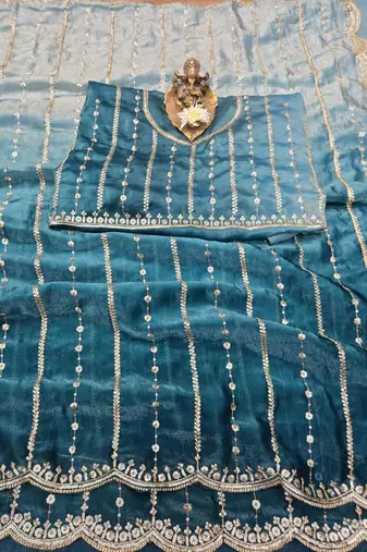 Teal Color Sequence Emrodairy Work Sattin Saree