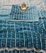 Teal Color Sequence Emrodairy Work Sattin Saree