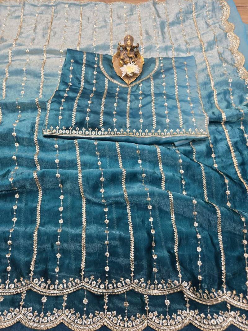 Teal Color Sequence Emrodairy Work Sattin Saree