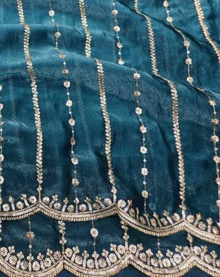 Teal Color Sequence Emrodairy Work Sattin Saree 2