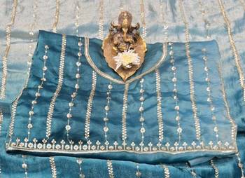 Teal Color Sequence Emrodairy Work Sattin Saree 3
