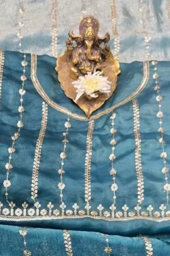 Teal Color Sequence Emrodairy Work Sattin Saree