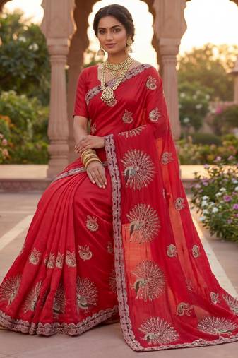 Red Color  Multi Embroidery  & Siroski Hand Work Satin Saree