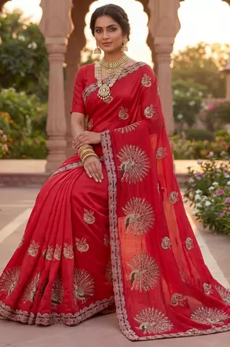 Red Color  Multi Embroidery  & Siroski Hand Work Satin Saree