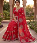 Red Color  Multi Embroidery  & Siroski Hand Work Satin Saree