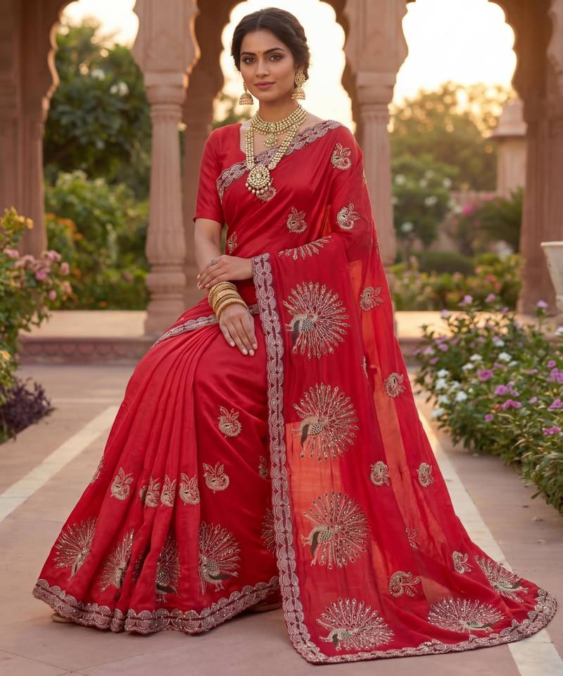 Red Color  Multi Embroidery  & Siroski Hand Work Satin Saree