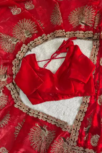 Red Color  Multi Embroidery  & Siroski Hand Work Satin Saree
