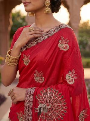 Red Color  Multi Embroidery  & Siroski Hand Work Satin Saree 3