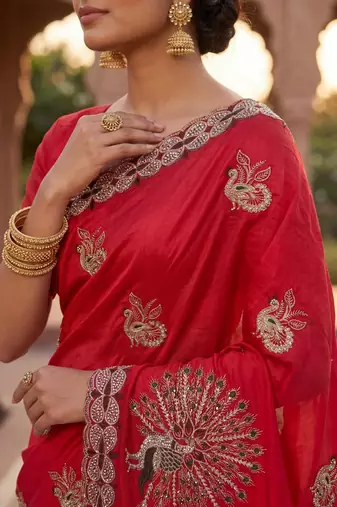 Red Color  Multi Embroidery  & Siroski Hand Work Satin Saree