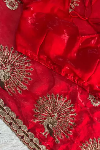 Red Color  Multi Embroidery  & Siroski Hand Work Satin Saree