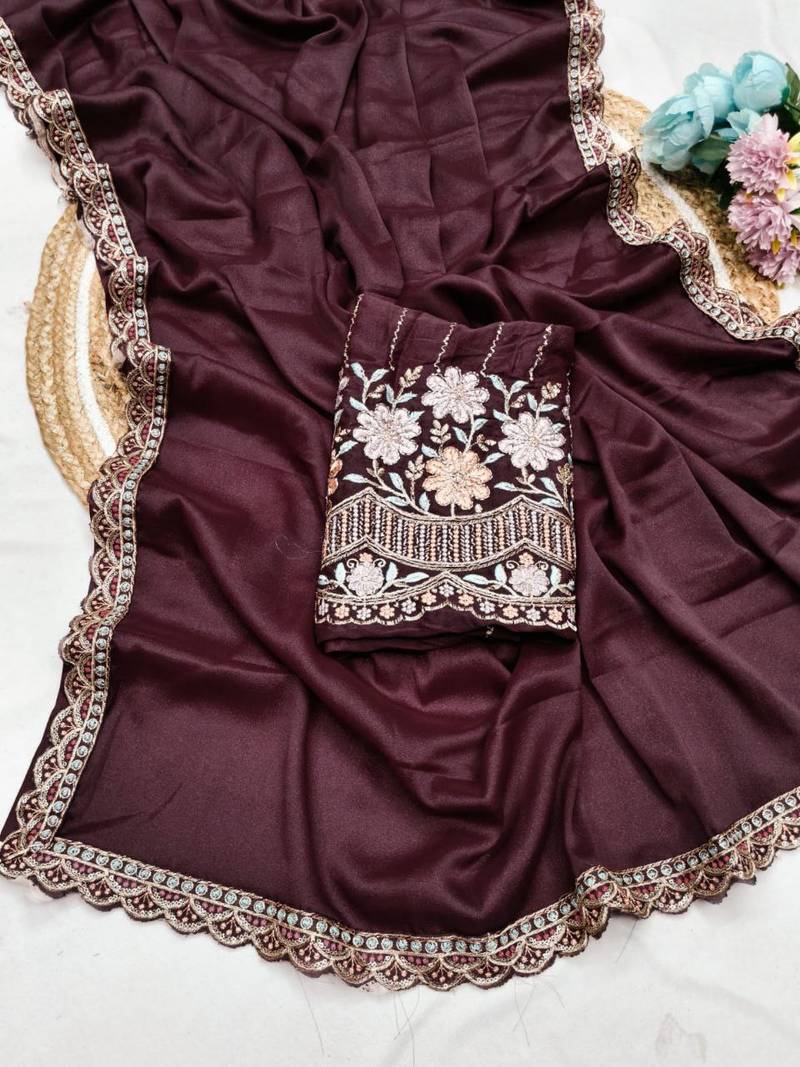 Maroon Color  Heavy hand work and embroidery work Georgette Saree