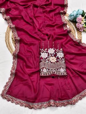 Rani Pink  Color  Heavy hand work and embroidery work Georgette Saree 1