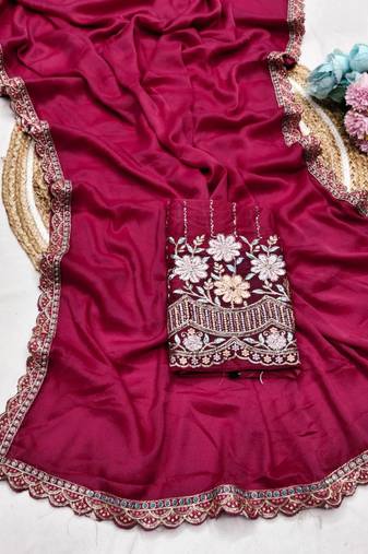 Rani Pink  Color  Heavy hand work and embroidery work Georgette Saree