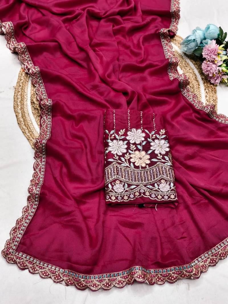 Rani Pink  Color  Heavy hand work and embroidery work Georgette Saree