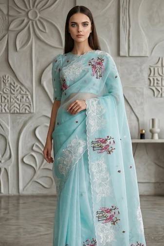 Sky Blue Color  thread Embroidery work with Cutwork patch and border Work Crystel Organza Saree