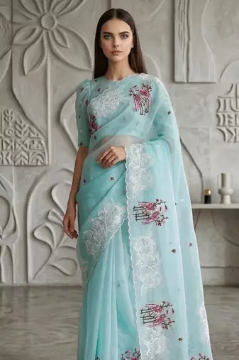 Sky Blue Color  thread Embroidery work with Cutwork patch and border Work Crystel Organza Saree