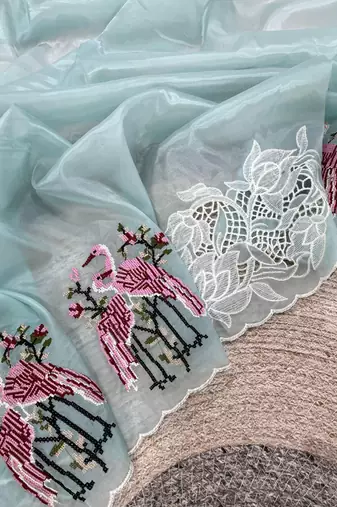 Sky Blue Color  thread Embroidery work with Cutwork patch and border Work Crystel Organza Saree