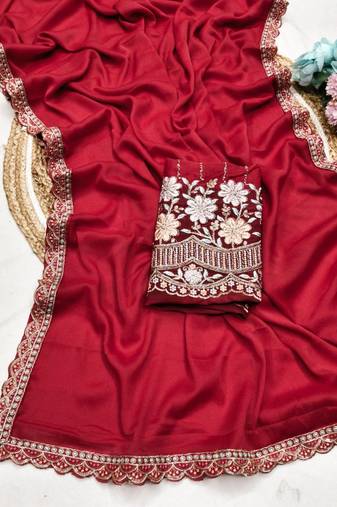 Red  Color  Heavy hand work and embroidery work Georgette Saree
