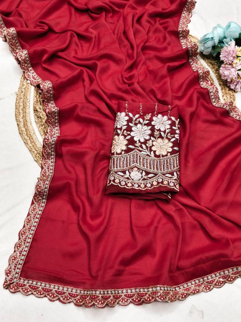 Red  Color  Heavy hand work and embroidery work Georgette Saree