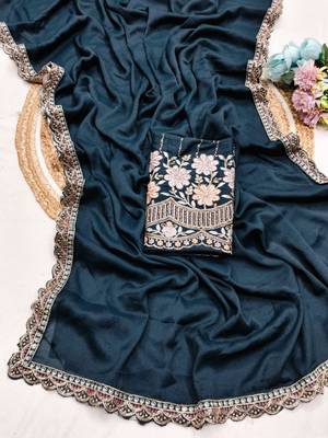 Teal  Color  Heavy hand work and embroidery work Georgette Saree 1