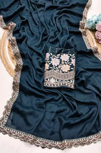 Teal  Color  Heavy hand work and embroidery work Georgette Saree