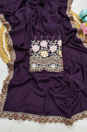 Wine Color  Heavy hand work and embroidery work Georgette Saree