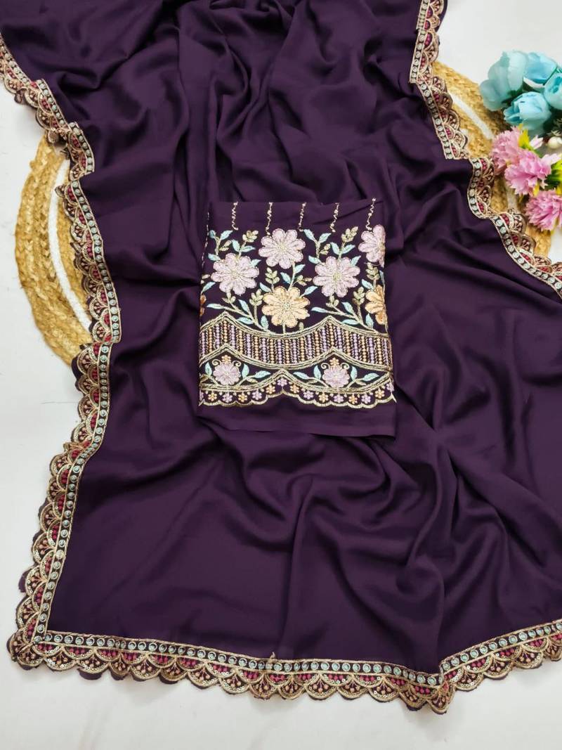 Wine Color  Heavy hand work and embroidery work Georgette Saree