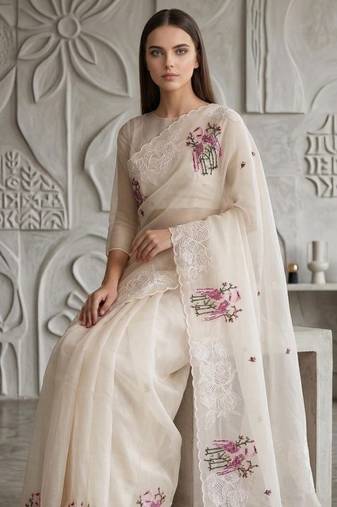 White  Color  thread Embroidery work with Cutwork patch and border Work Crystel Organza Saree