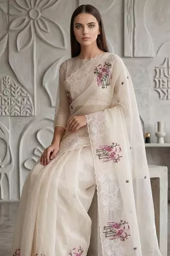 White  Color  thread Embroidery work with Cutwork patch and border Work Crystel Organza Saree