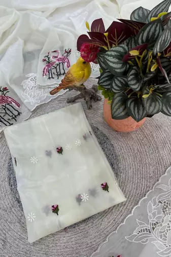 White  Color  thread Embroidery work with Cutwork patch and border Work Crystel Organza Saree