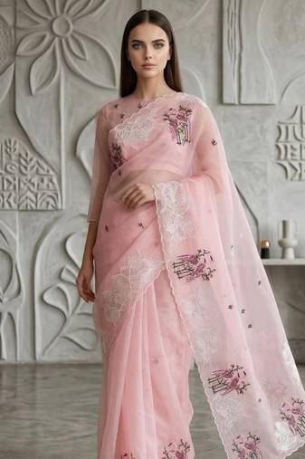 Light Pink Color  thread Embroidery work with Cutwork patch and border Work Crystel Organza Saree