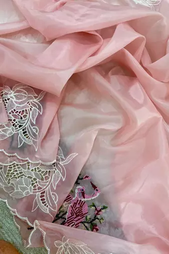 Light Pink Color  thread Embroidery work with Cutwork patch and border Work Crystel Organza Saree